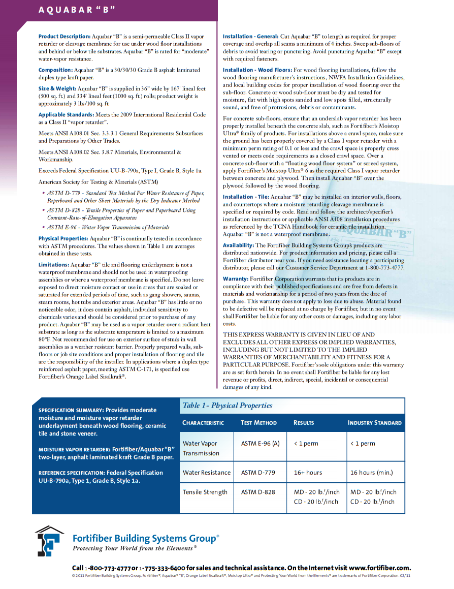 Fortifiber Aquabar B Underlayment Product Brochure 2