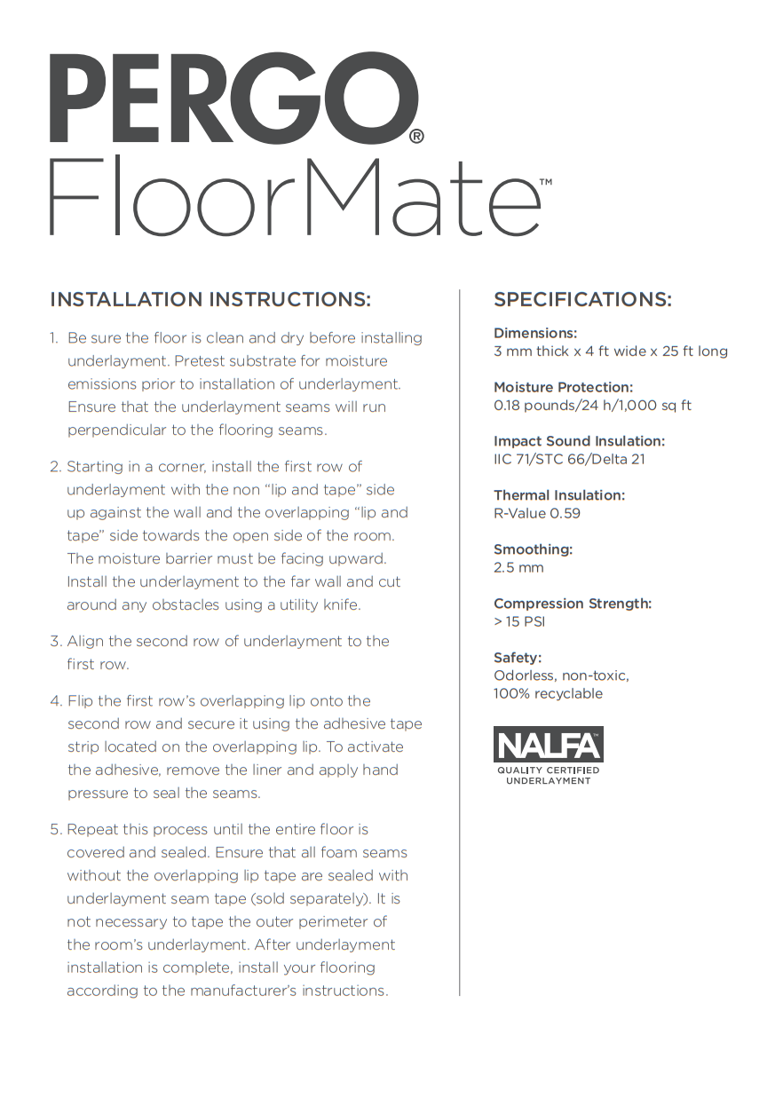 Pergo FloorMate Foam Underlayment Installation Instructions