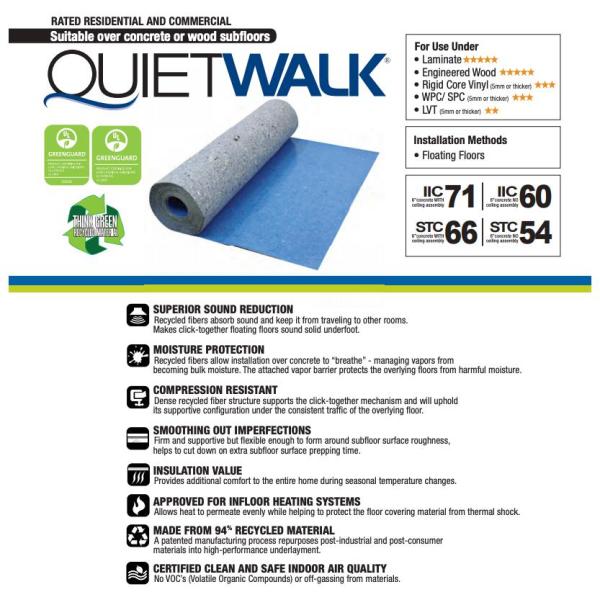 QuietWalk Laminate Flooring Underlayment with Attached Vapor Barrier Offering Superior Sound Reduction, Compression Resistant and Moisture Protection